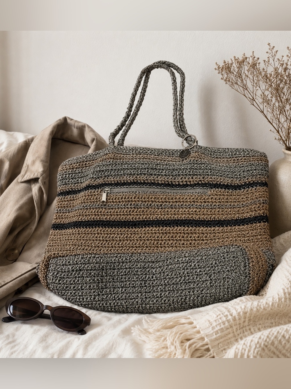 The Sak Crochet Shoulder Tote in Boho Coastal Nuetral Lined Zip Closure